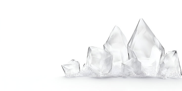 A cluster of clear, angular quartz crystals with sharp points and fractured surfaces, isolated on a white background.