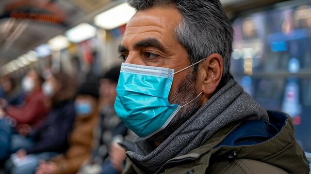 A man wearing a face mask rides a crowded subway, highlighting urban life and public health themes.