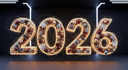 Vision for 2026: The luminous digits "2026" shine, signifying the commencement of a new year, embellished with festive ornaments, inviting anticipation and a glimpse of the future. 