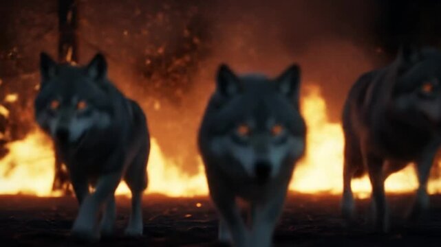Wolves walking through forest fire