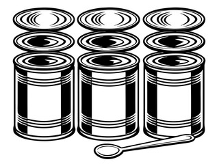 Three canned goods with lids and a spoon on a gray background