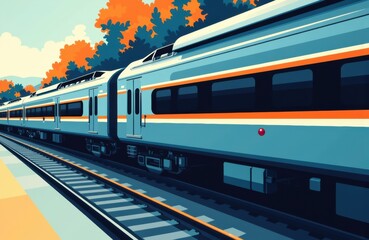 Fototapeta premium A modern train travels along railway tracks through a scenic landscape with colorful trees in the background