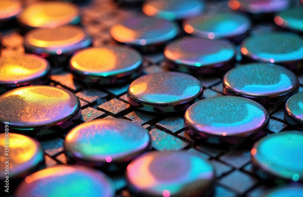 Poster colorful holographic buttons arranged on a grid create a vibrant and modern visual effect suitable f