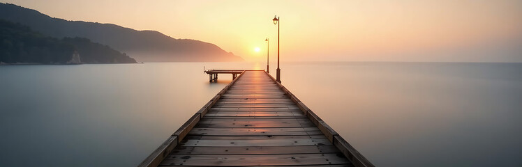 Fototapeta premium serene shot weathered pier dissolving gentle morning mist soft golden light casting dreamy glow