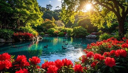 Lush garden pond with vibrant flowers