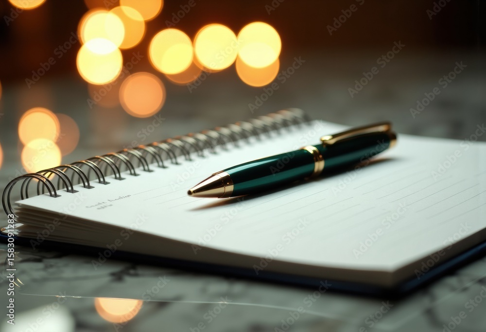 Poster open spiral notebook with blank lined pages and a pen resting on top, illuminated by warm bokeh ligh