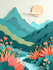 serene landscape layered paper art depicts teal mountains towering tapestry soft pastel plants bathed warm morning sunlight