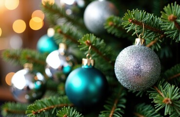 Colorful Christmas ornaments hanging on a decorated tree with blurred lights in the background
