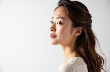 Fototapeta premium A woman with smooth, styled hair looking confidently to the side in a studio portrait