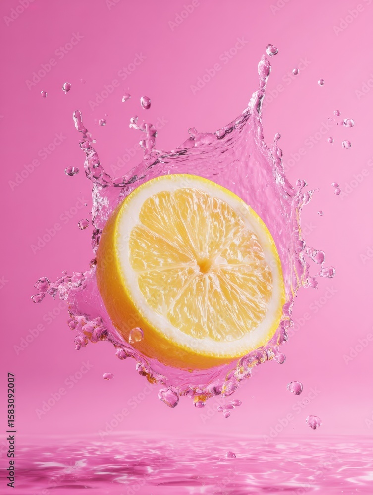Poster lemon slice creating a splash against a pink background with water droplets capturing freshness and 