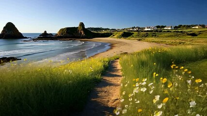 Coastal path with wildflowers and rocks