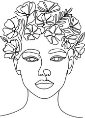 Flower Head Girl Line Art Woman Portrait with Floral Crown Line Art. 
