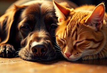 Adorable dog and cat lying close together on a wooden floor, showcasing companionship and comfort