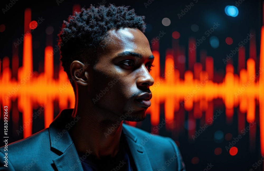 Aufkleber businessman with serious expression in front of digital sound wave visualization with glowing red an