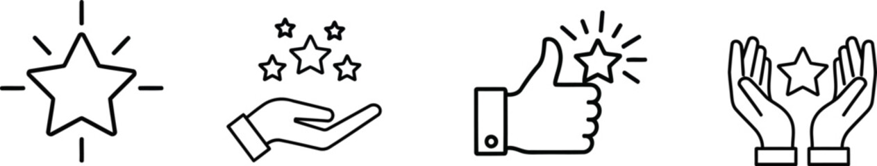 Customer Review and Rating Line Icons Vector Set: Star Feedback, Quality, Satisfaction, Thumbs Up, User Experience Symbols.