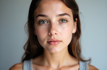 Woman with clear skin and natural makeup looking directly at the camera