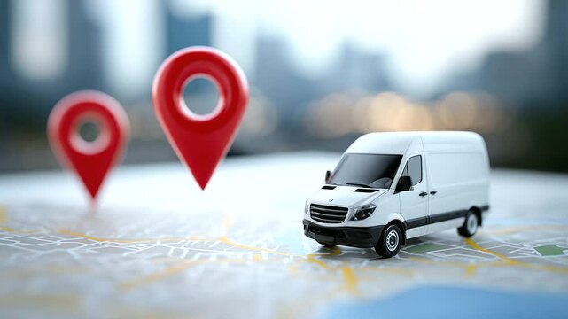 Modern delivery service concept with two red pins on a minimalist city map background, a small courier van icon moving along a highlighted route, emphasizing logistics and GPS trac