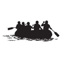 Silhouetted group of people whitewater rafting together on a raging river