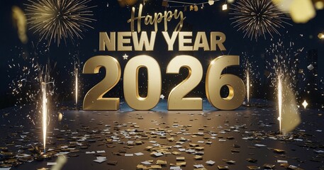 New Year 2026 Celebration: A vibrant display of joy for 2026 New Year, celebrating with the best of golden ornaments, and pyrotechnics.
