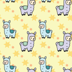 Fototapeta premium A pattern of cartoon llamas with stars in the background. The llamas are cute and colorful, and the stars add a playful touch to the design