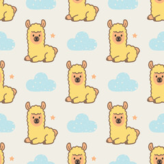 A pattern of yellow llamas sitting on a white background. The llamas are cute and cuddly, and the pattern is playful and whimsical