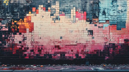 Colorful pixelated brick wall creating an abstract urban background