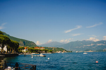Lake Como landscape. Italy. Boats, mountains. Luxury. Wealth. rest