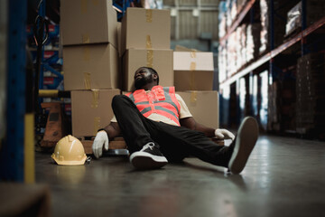 Black male employee injured on duty in factory warehouse, wearing gloves and vest. Workplace safety risk visual. Accident prevention concept, 