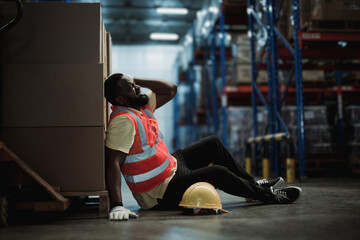 Injured warehouse worker sitting on floor holding head in pain after accident, highlighting workplace safety issues, industrial risk, and physical exhaustion.