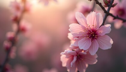 Softlit cherry blossoms pale pink petals catching light set against a blurred romantic background