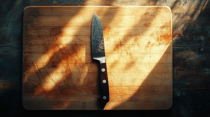 Damascus steel knife resting on wooden cutting board in sunlight