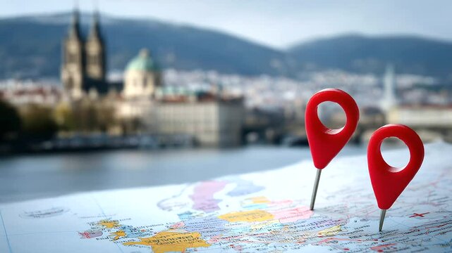 Two red location pins pinned on an illustrated map of a tourist city, with colorful landmarks and popular spots, highlighting travel itinerary planning and exploration