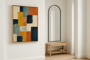 Framed abstract painting in a bright hallway with vertical mirror and shoe bench, clean aesthetic