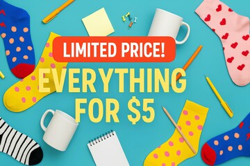 Everything for 5 sale – background with many small items socks, mugs, stationery, bright headline Limited Price!