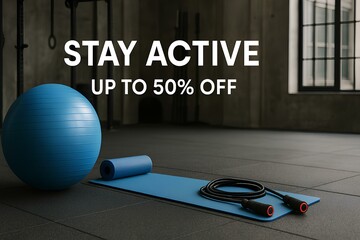 Fitness equipment sale – ball, mat, rope, gym in background, Stay Active – Up to 50 Off