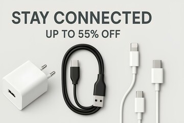 Digital accessories sale – chargers, adapters, cables, clean graphic background, Stay Connected – Up to 55 Off