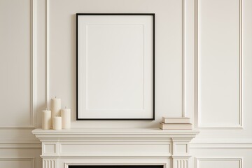 Blank framed poster above a white fireplace mantel with candles and books, elegant classic interior