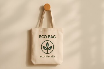 Canvas tote bag mockup hanging on a wall hook, soft shadows, natural tones, eco-style branding concept