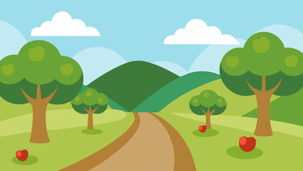 Fototapeta premium Cartoon Orchard Path with Green Hills