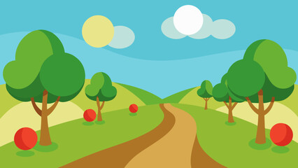 Fototapeta premium Cartoon Orchard Path with Green Hills