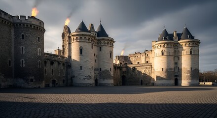 An imposing castle stands silhouetted against a darkening sky, with flickering flames atop its ancient towers, evoking a sense of history and mystery.