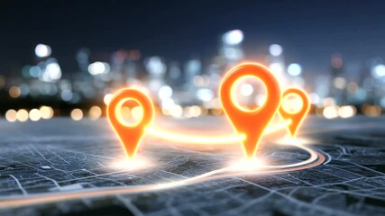 Conceptual illustration of two oversized glowing red pins floating above a stylized map, connected by a curved path, representing real estate search and GPS navigation in a futuris - Powered by Adobe