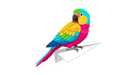 Fototapeta premium Colorful cartoon parrot perched on a white paper airplane, isolated on a white background, illustration.