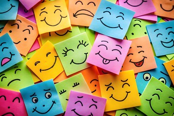 Pile of Colorful Sticky Notes with Hand Drawn Smiling Faces Representing Emotions Positive Thinking and Mental Health Expressing a Range of Feelings and Moods