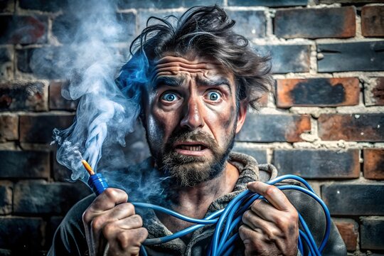 Frightened electrician with smoking wire a look of shock and panic on his face a brick wall in the background and a dangerous electrical situation