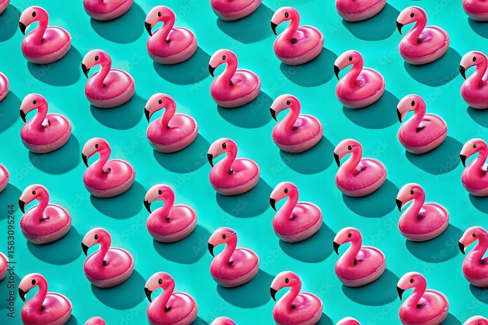 Fototapete vibrant pattern of pink flamingo floats on a turquoise background a summer and pool party concept wi