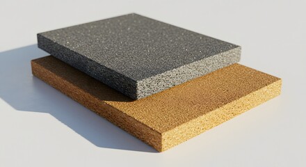 Two porous rectangular blocks stacked atop one another the top is dark grey the bottom golden on a clean white surface