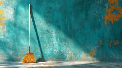 Broom leaning against grunge wall casting a shadow in sunlight