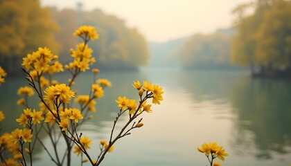 Yellow flowers on a dark stem frame a serene lake edged with trees in autumn colors under a hazy sky