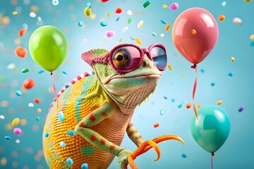 Chameleon Celebrates with Balloons and Confetti Wearing Sunglasses a Whimsical and Colorful Image for Parties Celebrations and Animal Themes Perfect for Greeting Cards and Invitations